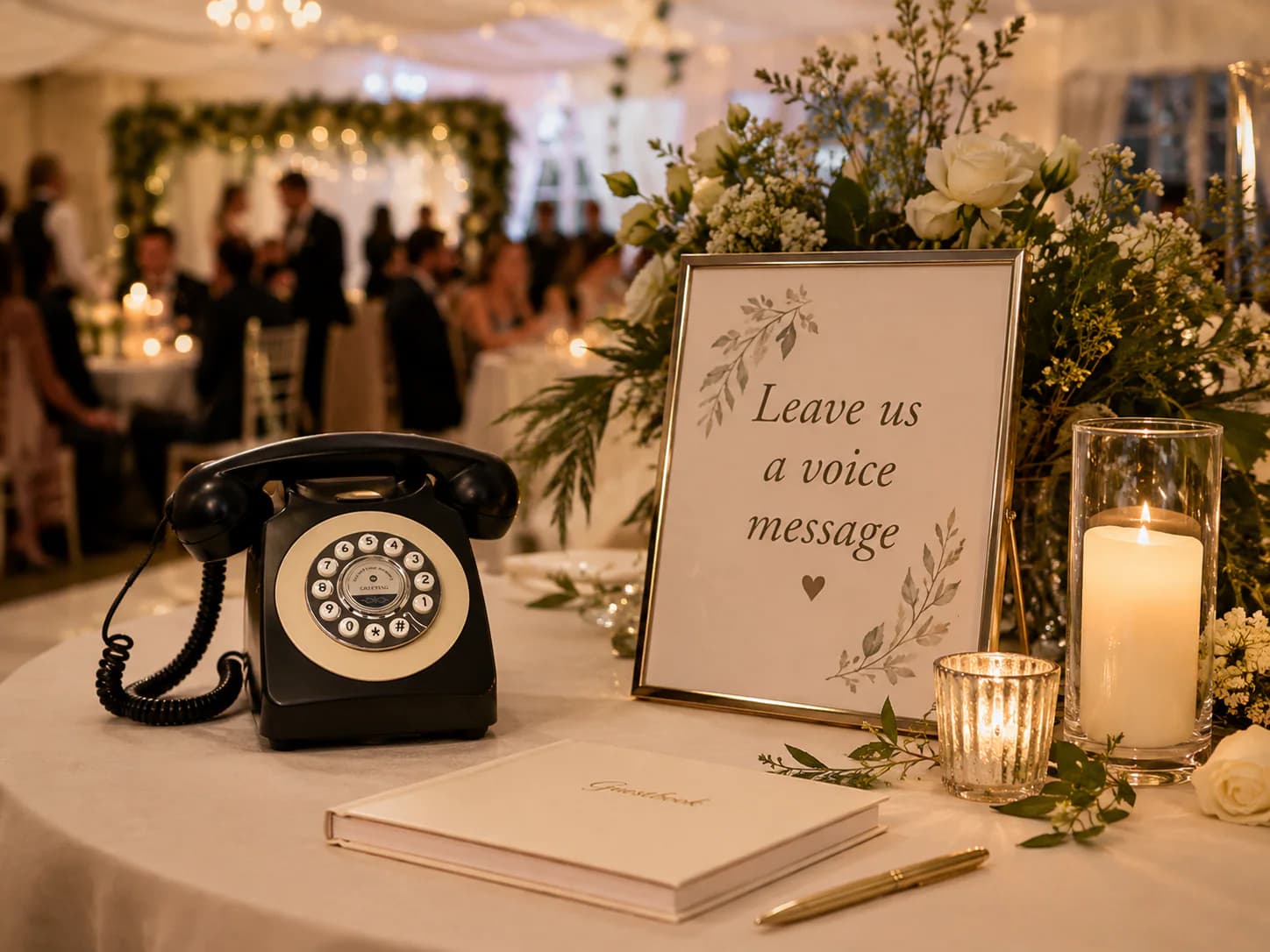 Black audio guest book telephone beside a voice-message sign at a wedding reception